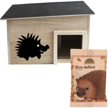 Komplettset: Hochwertiges Igelhaus aus FSC-Holz, 40x32x24 cm mit Igelfutter „Kleine Mahlzeit“ – für einen sicheren Nist- und Überwinterungsplatz