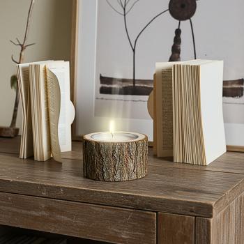 Preview: 2er-Set Holz Kerzenhalter - Handgefertigt, rustikale Natur Deko für Wohnzimmer & Bad, mit Naturrand - Braun, Ø 12x4cm Holz, Ø 8x11cm Glas