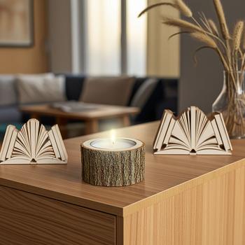 Preview: 2er-Set Holz Kerzenhalter - Handgefertigt, rustikale Natur Deko für Wohnzimmer & Bad, mit Naturrand - Braun, Ø 12x4cm Holz, Ø 8x11cm Glas