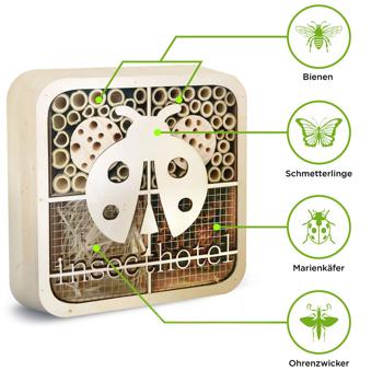 Preview: Einzigartiges Marienkäfer-Insektenhotel, Naturholz, 20x20x7cm – kinderfreundliches & originelles Design, liebevolles Zuhause für Nützlinge