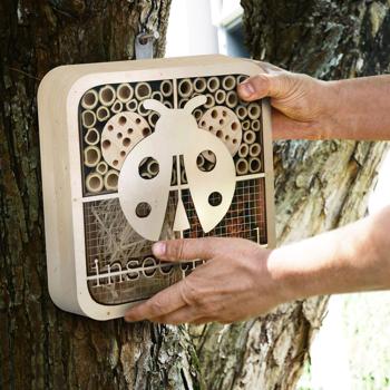 Preview: Unico hotel per insetti coccinelle, in legno naturale, 20x20x7cm - design originale e adatto ai bambini, casa amorevole per gli insetti utili