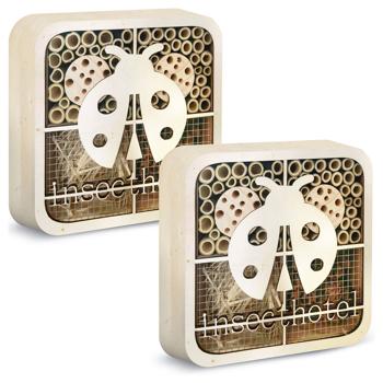 Preview: set di 2 hotel per insetti coccinelle, in legno naturale, 20x20x7cm - design originale e adatto ai bambini, casa amorevole per gli insetti utili