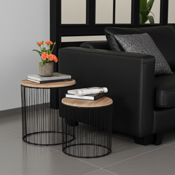 Preview: 3er-Set Beistelltische Holz & Metall - Modernes Satztisch-Design schwarz/braun - Stilvolle Ablage für Pflanzen/Deko - Mango Holz