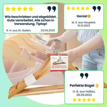 Preview: 24 Holz Kleiderbügel mit Rockkerbe & Hosensteg - 3-in-1 Funktion für Hosen, Röcke & Jacken - Drehbarer Metallhaken - Tanne/Kiefer/Ahorn