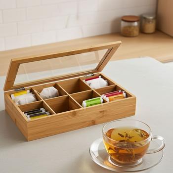 Teebeutelbox aus Bambus - 8 Fächer & transparenter Deckel für Tee-Ordnung - Natur Design - 32x20x6.5cm - Geschenkidee
