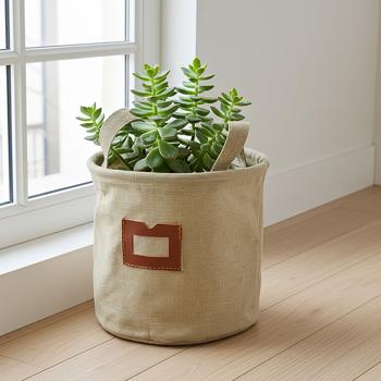 Pflanzsack aus Baumwolle - Moderner Textil-Übertopf beige mit Canvas-Optik - Ø 24x26cm - Schutzfolie gegen Nässe - Für Pflanzen, Blumen, Kräuter & Deko