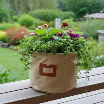 Textil-Übertopf aus Baumwolle beige - Pflanzsack mit Schutzfolie & Innenverkleidung - Modern für Pflanzen/Blumen - Ø 16x16 cm- Mit Tragegriffen