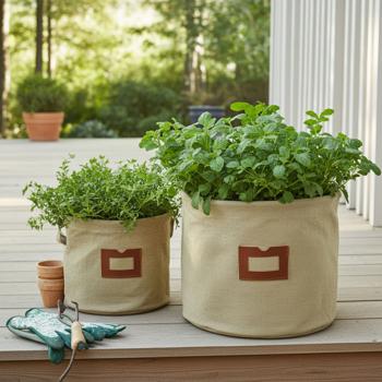 Textil-Übertöpfe Baumwolle 2er Set beige - Pflanzsäcke mit Schutzfolie - Canvas-Optik - Ideal für Pflanzen, Blumen & Kräuter - Ø24x26cm & Ø16x16cm