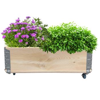Preview: Blumenkasten Holz mit Rollen - Mobiler Kräuter- & Blumengarten für Balkon/Terrasse - Tanne/Metall - 80x40x19,5cm - 360° drehbare Rollen - Stecksystem