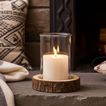 Kerzenglas auf Pappelholzsockel Natur – Windlicht Dekoration für Innen & Aussen Terrasse Balkon – Braun, Glas Ø15x21cm, Sockel Ø21x4cm – Brenndauer ca. 100h