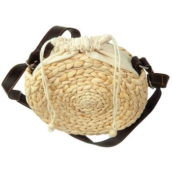 Preview: Elégant sac à bandoulière rond en matériaux naturels, beige/marron, Ø 20cm - Sac tendance avec lanière en cuir marron - Accessoire Boho Chic