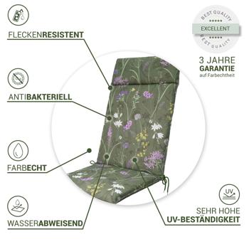Preview: 4er-Set Luxuriöse Hochlehner-Auflage, Gartenstuhlkissen wasserabweisend, Blumenmuster grün, 120 x 50 cm, weich & komfortabel für optimale Entspannung