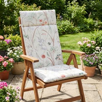 Preview: Luxuriöse Hochlehner-Auflage, Gartenstuhlkissen wasserabweisend, Blumenmuster weiss, 120 x 50 cm, weich & komfortabel für optimale Entspannung