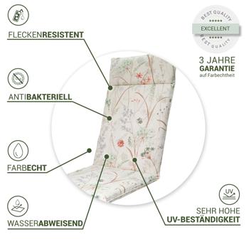 Preview: 4er-Set Luxuriöse Hochlehner-Auflage, Gartenstuhlkissen wasserabweisend, Blumenmuster weiss, 120 x 50 cm, weich & komfortabel für optimale Entspannung