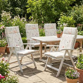 Preview: set di 4 lussuosi cuscini per schienale alto, cuscini per sedie da giardino idrorepellenti, motivo floreale bianco, 120 x 50 cm, morbidi e confortevoli per un relax ottimale