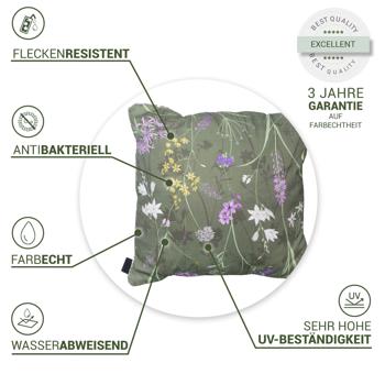 Preview: Bequemes Deko-Kissen Outdoor, Blumenmuster grün, 50 x 50 x 10 cm, wetterfest, wasserabweisend & stilvoll für Garten, Terrasse & Balkon