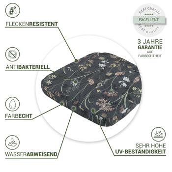Preview: 2er-Set Bequemes Stuhlkissen Outdoor, Blumenmuster anthrazit, 48 x 48 cm, wetterfestes & wasserabweisend Sitzkissen, stilvoll für Garten, Terrasse & Balkon