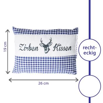 Preview: Zirbenkissen Vichy Blau 26x19 cm, gefüllt mit 220g Natur Zirbenspäne, 100% Bio-Baumwolle Bezug, Aromatherapie Schlafkissen aus Deutschland