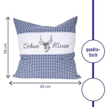 Preview: Zirbenkissen Vichy Blau 30x30 cm, gefüllt mit 350g Natur Zirbenspäne, 100% Bio-Baumwolle Bezug, Aromatherapie Schlafkissen aus Deutschland