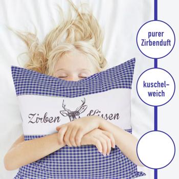 Preview: Zirbenkissen Vichy Blau 30x30 cm, gefüllt mit 350g Natur Zirbenspäne, 100% Bio-Baumwolle Bezug, Aromatherapie Schlafkissen aus Deutschland