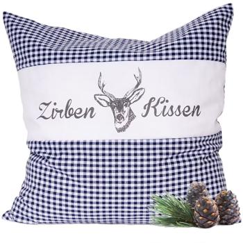 Zirbenkissen Vichy Blau 40x40 cm, gefüllt mit 450g Natur Zirbenspäne, 100% Bio-Baumwolle Bezug, Aromatherapie Schlafkissen aus Deutschland