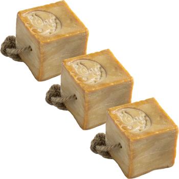 Preview: Lot de 3 savons d’Alep authentiques 100 g avec cordon, huile de laurier 3% : savon naturel fabriqué à la main en Syrie pour peaux sensibles, soin végan et lavage des cheveux