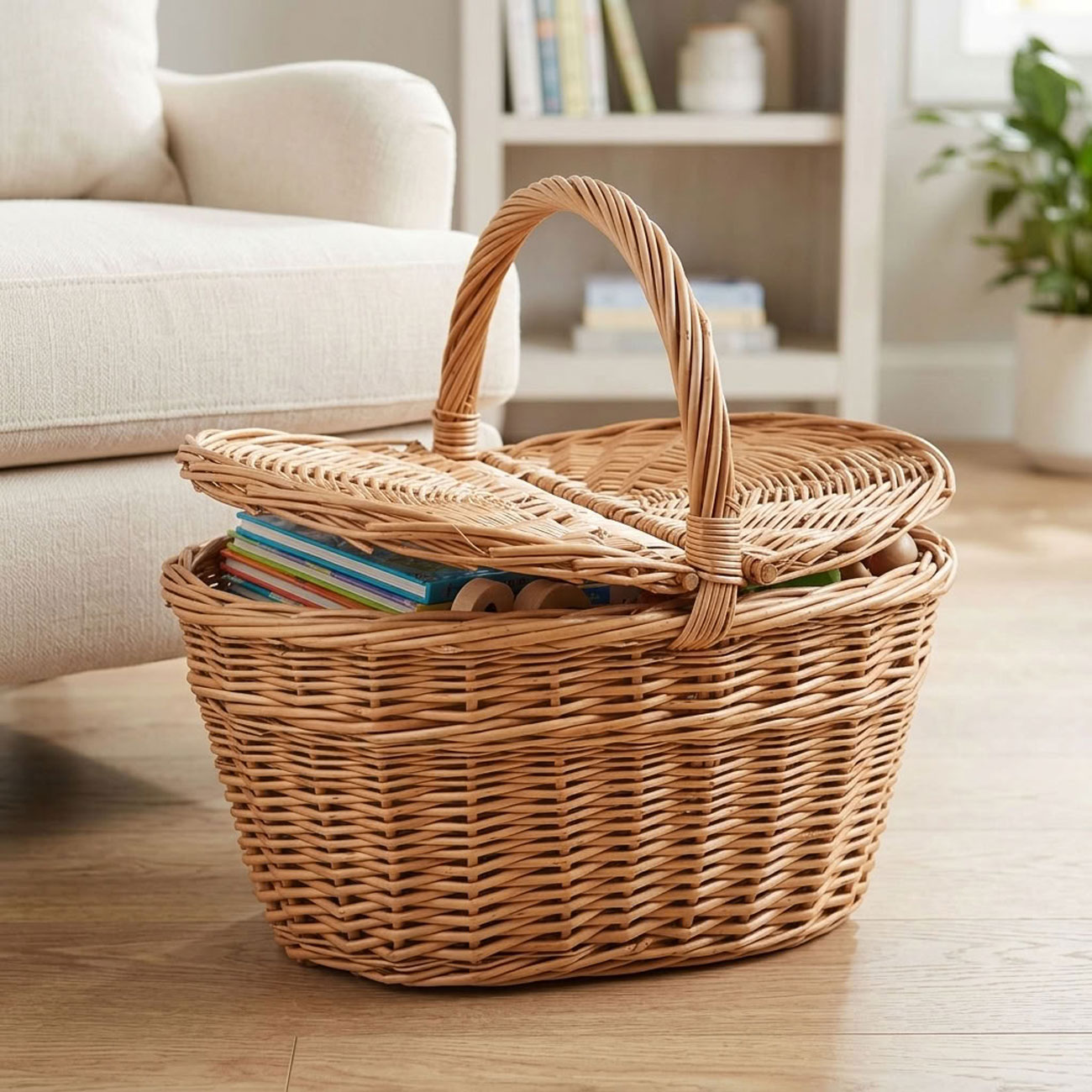 Korb aus gesottener Vollweide, Korb oval mit Deckel und Henkel, braun, 28 x 19 x 34 cm