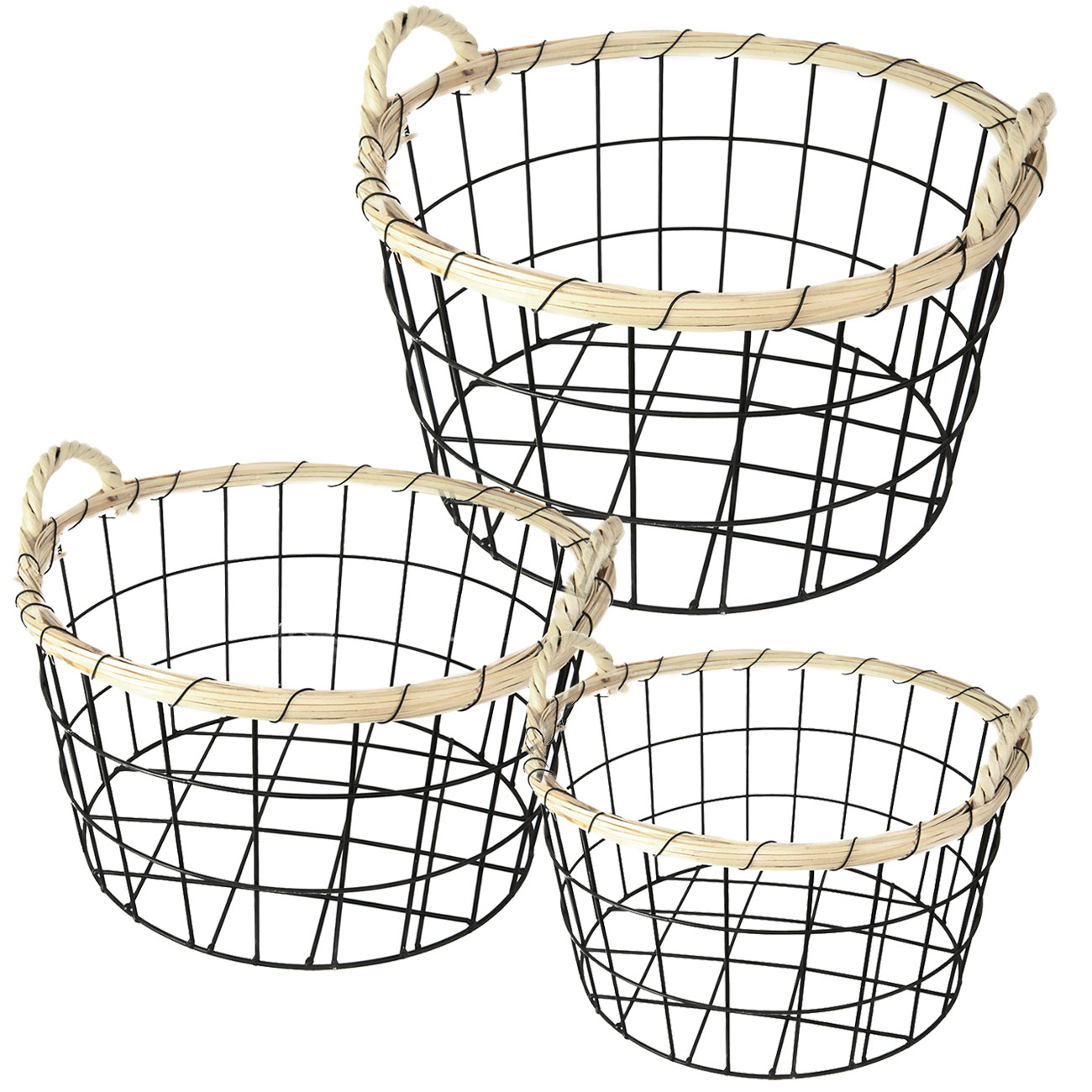 Drahtkörbe mit Bambusrand, 3er-Set, Ø 35, 30 und 26 cm