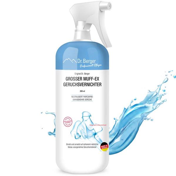 Muff-Ex Geruchsvernichter Parfümfrei, Pumpspender, 500 ml - Effektives Geruchsneutralisierer-Spray für Auto, Textilien, Polster & Schuhe