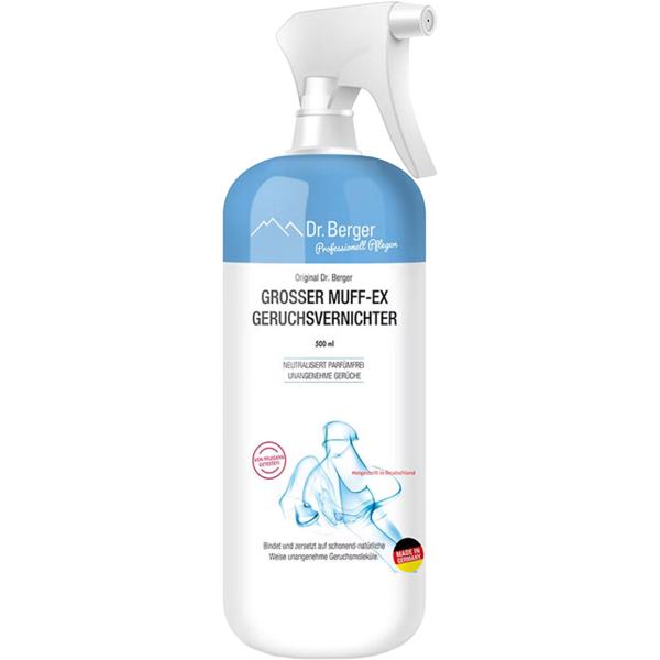 Muff-Ex Geruchsvernichter Parfümfrei, Pumpspender, 500 ml - Effektives Geruchsneutralisierer-Spray für Auto, Textilien, Polster & Schuhe