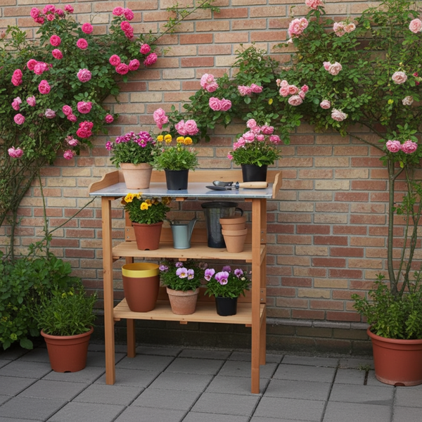 Pratico tavolo da coltivazione in legno di abete: piano di lavoro in metallo, 75x90x36cm, 2 ripiani - altezza di lavoro ideale per un giardinaggio confortevole, struttura robusta