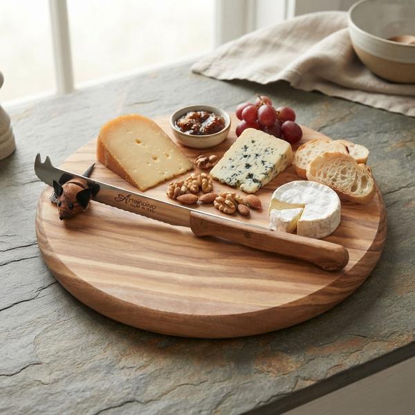 Planche en bois ronde avec souris et couteau, 22 cm, bois d’olivier
