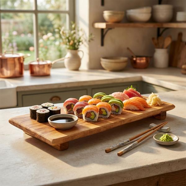 Olivenholz Sushi-Brett mit Füssen - Handgefertigt, antibakteriell & MOCA-zertifiziert - Servierplatte 13x28x1,5cm für Sushi & Antipasti aus Italien