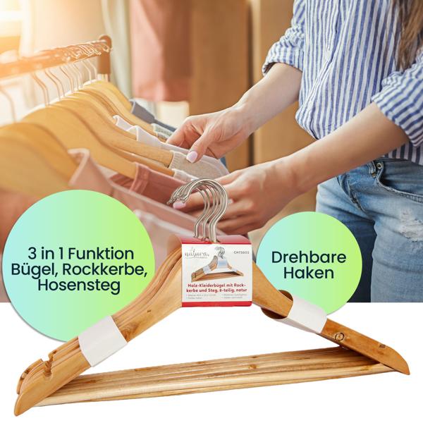 40 platzsparende Kleiderbügel aus Holz, drehbarer Haken, 3 in 1  Funktion - 3 Kleidungsstücke an 1 Bügel - Bügel, Rockkerbe, Hosensteg