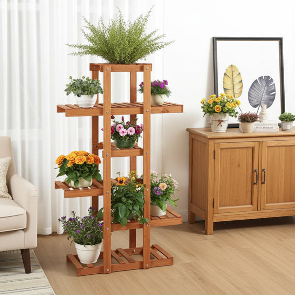 Blumenregal 5-stöckig - Eleganter Pflanzenständer für Garten & Balkon - Tannenholz hellbraun, 125x81x25cm - Robust, modern & dekorativ