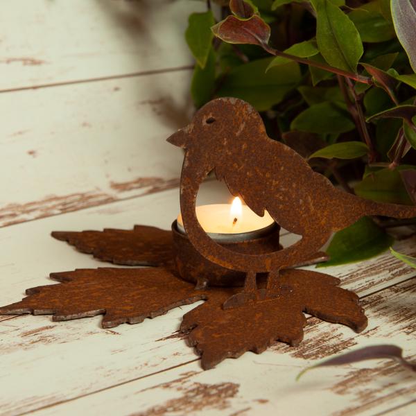 Teelichthalter Vogel aus Metall, Windlichtständer in Rostoptik, Höhe 15 cm