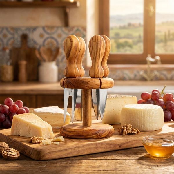 Käsemesser Set 5-teilig aus Olivenholz - Mit dekorativem Ständer für alle Käsesorten - Handgefertigt in Italien - 9x9x16cm - Ideal als Geschenk