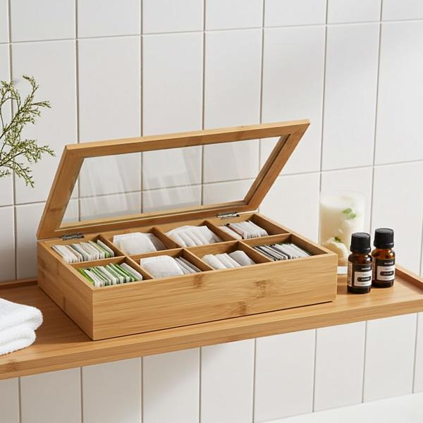 Teebeutelbox aus Bambus - 8 Fächer & transparenter Deckel für Tee-Ordnung - Natur Design - 32x20x6.5cm - Geschenkidee