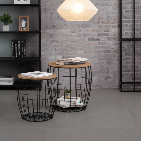 3er-Set Metall Beistelltische - Draht-Optik Holz Tischplatten Schwarz/Braun - Couchtische rund für Wohnzimmer 28x28x40cm, 37x37x37cm, 40x40x41cm