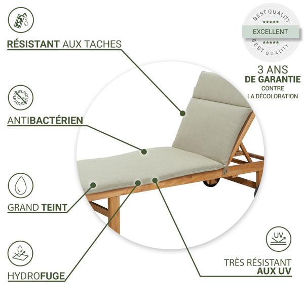 Coussin pour chaise longue Premium, beige noble, 190 x 60 cm - Coussin imperméable & robuste, protection UV, fabriqué en Europe par Madison