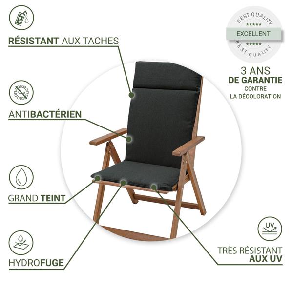 4 coussins confortables pour fauteuils à hauts dossiers, gris foncé, 120x50cm - Coussin de chaise de jardin hydrofuge avec protection UV - Robuste & extrêmement durable