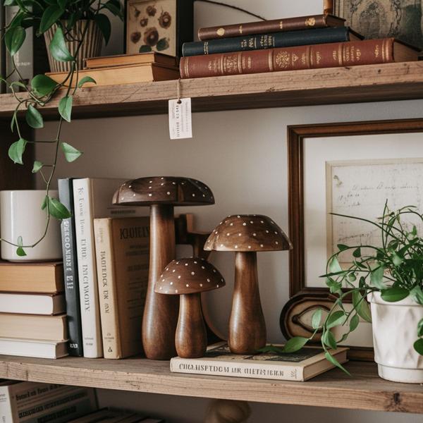 Set di 3 funghi decorativi in legno massiccio, sculture in legno di mango - diverse dimensioni, decorazione in legno naturale e di alta qualità