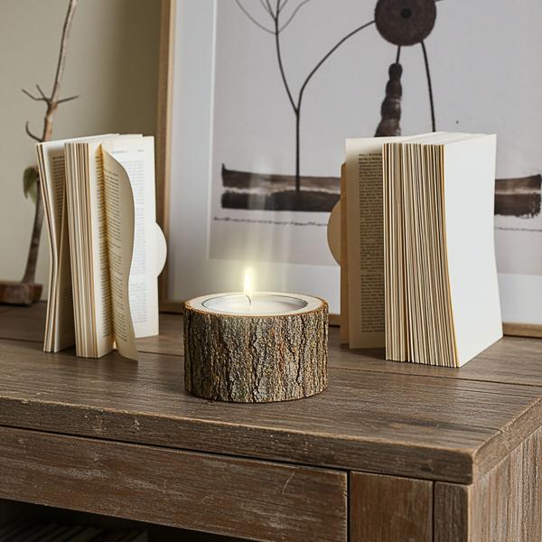 Holz Kerzenhalter - Natur Windlicht aus Pappelholz mit Naturrand - Handgefertigt - rustikale Deko für Wohnzimmer & Bad - Ø 26x12cm - braun