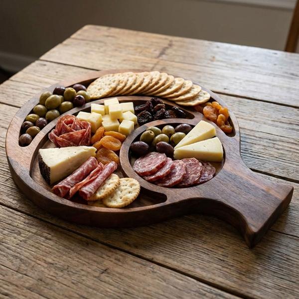 Tagliere in noce con 3 scomparti, a forma di pesce, 39 x 29 x 16 cm