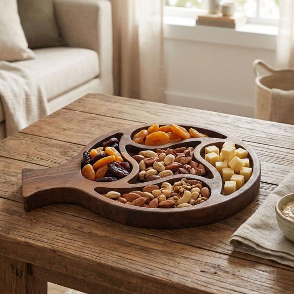 Tagliere in noce con 5 scomparti, a forma di pesce, 39 x 29 x 16 cm