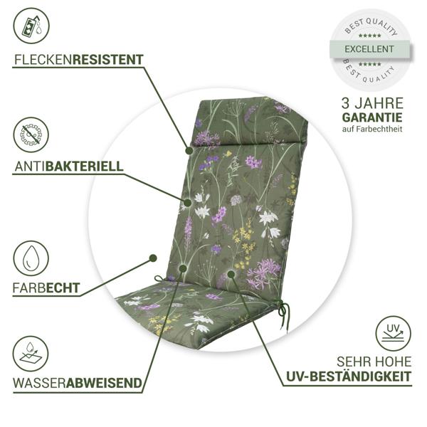 4er-Set Luxuriöse Hochlehner-Auflage, Gartenstuhlkissen wasserabweisend, Blumenmuster grün, 120 x 50 cm, weich & komfortabel für optimale Entspannung
