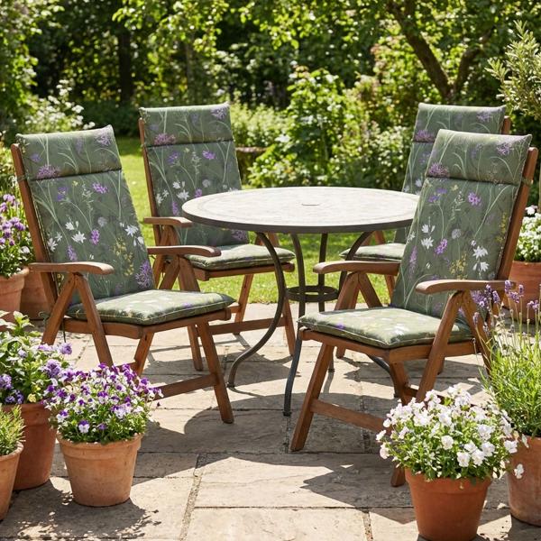 Set de 4 Coussins de Luxe Madison® eco-fabrics - Chaises Haut Dossier Hydrofuges Motif Floral Vert - 120x50cm - UV Protection