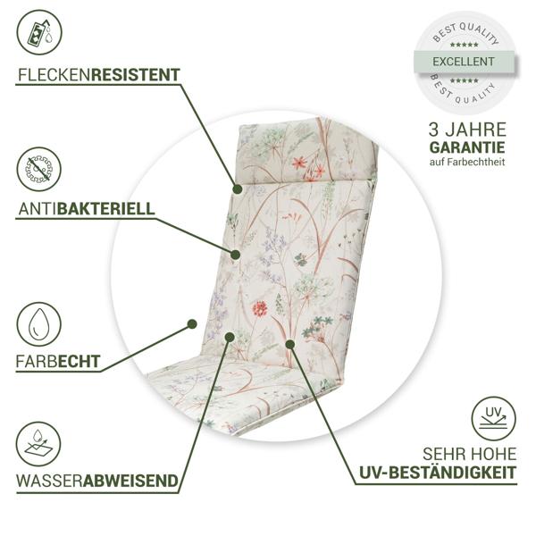 4er-Set Luxuriöse Hochlehner-Auflage, Gartenstuhlkissen wasserabweisend, Blumenmuster weiss, 120 x 50 cm, weich & komfortabel für optimale Entspannung