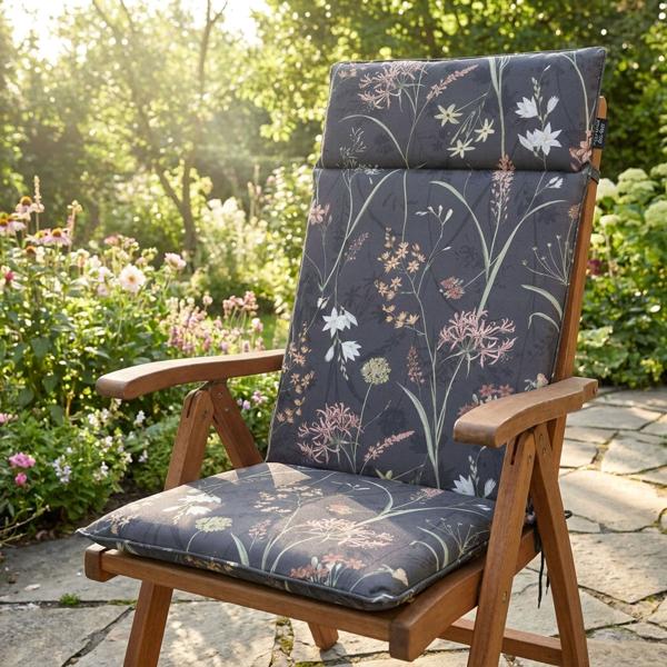 Lussuoso cuscino per schienale alto, cuscino per sedia da giardino idrorepellente, motivo floreale antracite, 120 x 50 cm, morbido e confortevole per un relax ottimale