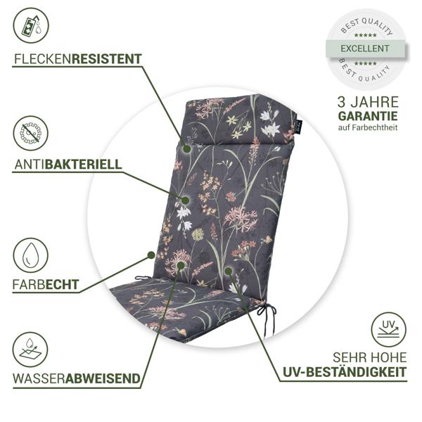 4er-Set Luxuriöse Hochlehner-Auflage, Gartenstuhlkissen wasserabweisend, Blumenmuster anthrazit, 120 x 50 cm, weich & komfortabel für optimale Entspannung
